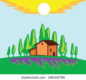 House Of The Rising Sun. Country House With Trees Vector Illustration.