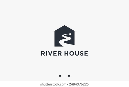 casa con diseño de logotipo de río ilustración de silueta de Vector