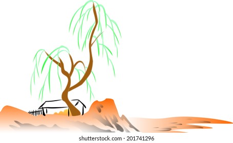 house and river with tree