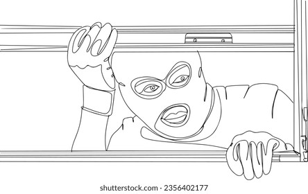 House Robbery Vector Illustration - Masked Thief at Window, Burglar Watching for Break-In - Vector Illustration of Criminal, Thief Planning Robbery - Vector Art of Masked Burglar