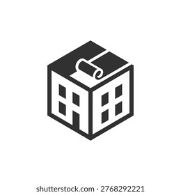 House with rolled roofing material icon. Roof installation and construction process. Monochrome black and white symbol