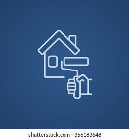 House with roller for painting line icon for web, mobile and infographics. Vector light blue icon isolated on blue background.