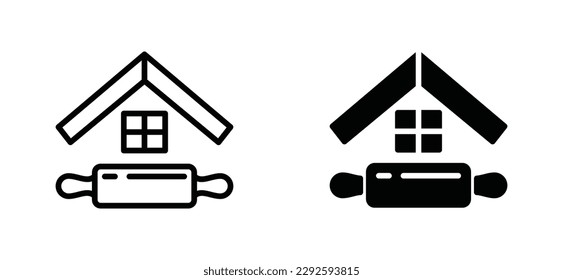 House with rolling pin icon vector logo. Bakery icon sign and symbol. Roof, shop, home, kitchen, window, and rolling pin icon symbol in line and flat style. Vector illustration