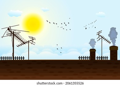 House roof with antennas on sunny sky background. Roof of the building with tv antennas, chimneys, sky with birds silhouettes. Blue sky with clouds and birds over roof with television aerials. Vector