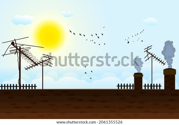 House roof with antennas on sunny sky background.\
Roof of the building with tv antennas, chimneys, sky with birds\
silhouettes. Blue sky with clouds and birds over roof with\
television aerials.\
Vector