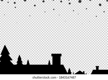 House roof with chimney in Christmas  night, snowflake falling  isolated  on png or transparent  background, space for text, sale banner template , New Year, luxury card, vector