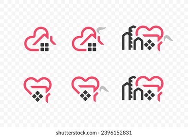 House roof with chimney and heart shape logo design. Skyscrapers and heart vector design