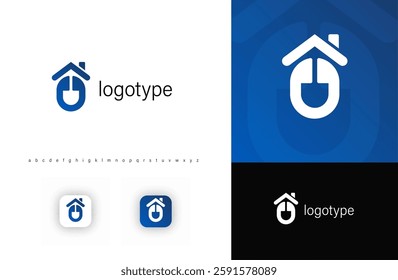 House roof with computer mouse logo, symbolizing digital property solutions and smart home technology. Ideal for real estate, home automation, online property services, computer services. Vector logo.