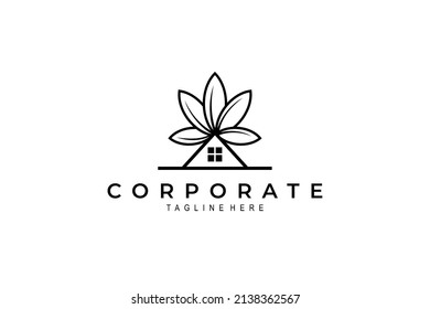 House Roof Logo With Circular Leaves Background Like The Sun Shining On It