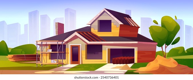 House roof repair and construction work vector. Building outside facade under renovation graphic illustration. Home property restoration. Temporary unfinished rooftop area and wall of private condo