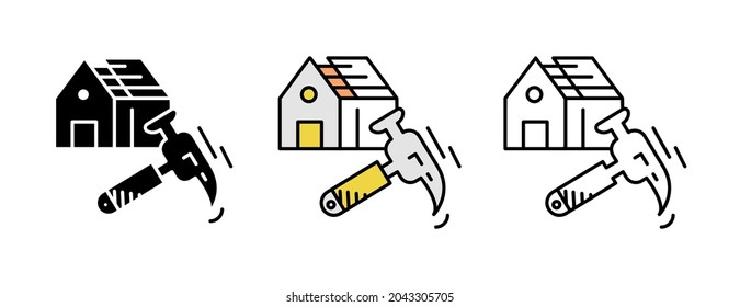 House roof repair process icon set. Architecture icon. Art vector illustration set. Editable row set. Silhouette, colored, linear icon set.