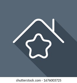 House roof and star, outline design. White flat icon with long shadow on blue background