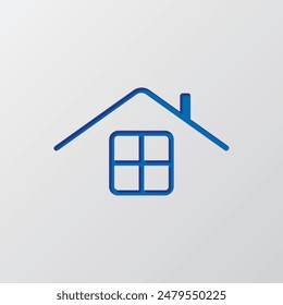 House roof and window simple icon vector. Flat design. Paper cut design. Cutted blue symbol with shadow. Gray background.ai