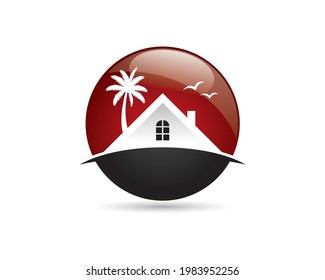 house roof windows palm tree and bird on beach on glossy sphere 