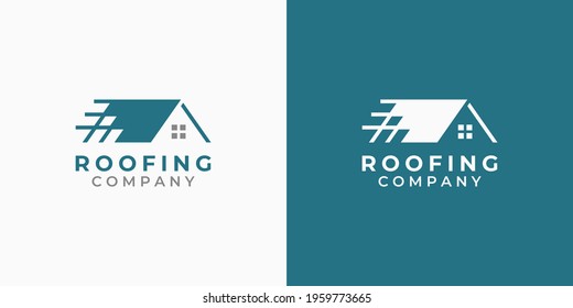 House Roofing Logo Design. Roof Logo Template. Home Building Vector Symbol. House Logo For Roofing Installation, Replacement, Repair, Maintenance. Blue Logo For Real Estate And Construction Company.