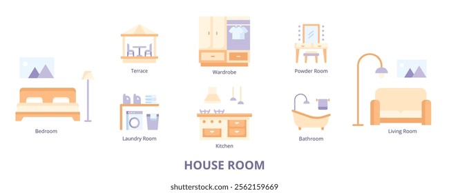 House Room Flat Banner Web Icon Set Vector Illustration