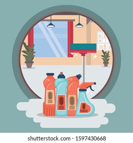 house room with housekeeping bottles products vector illustration design