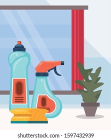 house room with housekeeping bottles products vector illustration design