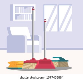 house room with housekeping equipment vector illustration design