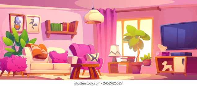 House room interior design with sofa and window. Home wooden furniture in pink modern style livingroom. Armchair, lounge couch, television and carpet inside apartment. Cute domestic wallpaper