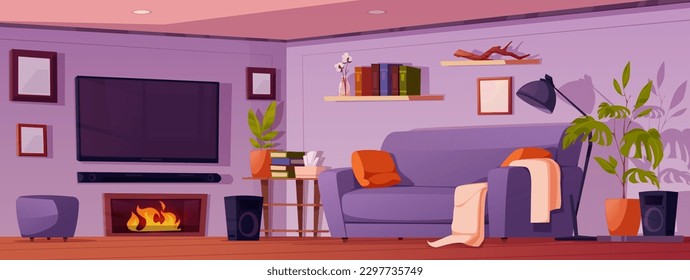 House room interior with furniture. Modern living room with sova, tv, table with books, fireplace with fire, floor lamp, shelves and plants, vector cartoon illustration