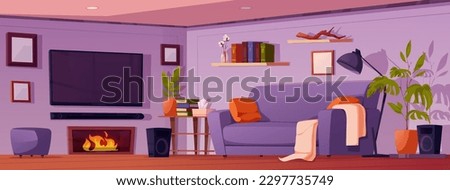 House room interior with furniture. Modern living room with sova, tv, table with books, fireplace with fire, floor lamp, shelves and plants, vector cartoon illustration