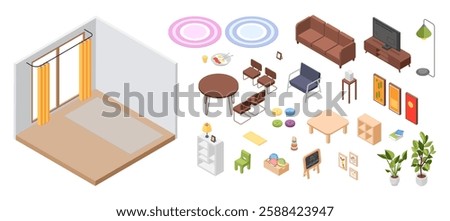 House room isometric location. Isolated furniture and home accessories. Sofa, armchair, living room table with chairs, decoration, vector constructor