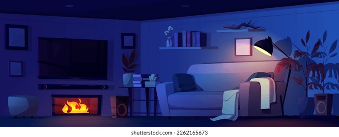 House room night interior with furniture. Modern dark living room with sova, tv, table with books, fireplace with fire, floor lamp, shelves and plants, vector cartoon illustration