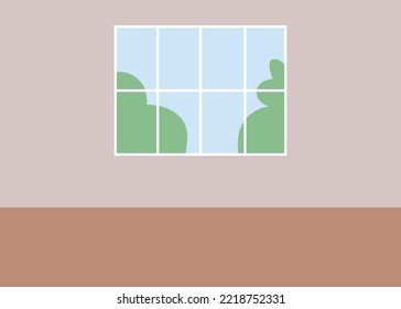 Habitación de la casa con una pared de color plano rosa ilustración vectorial. Apartamento vacío en alquiler. Estudio residencial con vistas al parque. Completamente editable interior de dibujos animados 2D simple con jardín en segundo plano