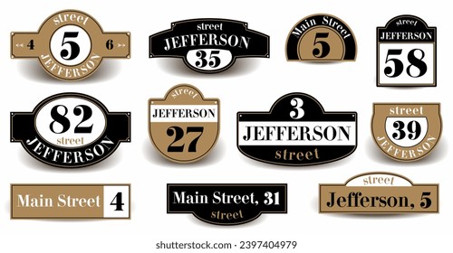 House rooms.Vector boards for signboards. Street house name plate in black and gold.