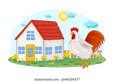 House and rooster isolated on white background. Poultry farming in rural. Village garden with bully, home and field. Country landscape with farm bird. Cartoon ranch scenery. Stock vector illustration