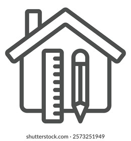 House with ruler and pencil line icon, real estate concept. Vector graphics. Cottage building, house drawing sign on white background, outline style icon for mobile or web design