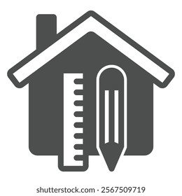 House with ruler and pencil solid icon, real estate concept. Vector graphics. Cottage building, house drawing sign on white background, glyph style icon for mobile or web design