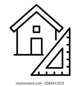 House and ruler, property size round line vector icon with editable stroke 