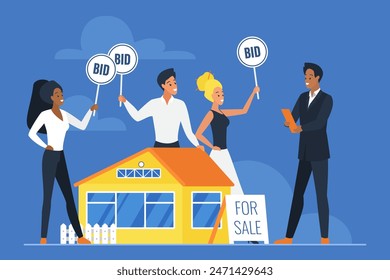 House for sale at auction, competitors bidding to buy real estate. Tiny people hold Bid paddles to offer to auctioneer own price for small family home, bidders vote cartoon vector illustration