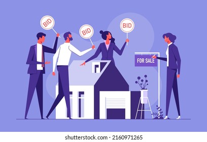 House for sale. Auction, group of various people holds bid signs. Best price offer, balance of supply and demand. Real estate deal