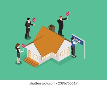 House for sale. Auction, group of various people holds bid signs isometric 3d vector concept