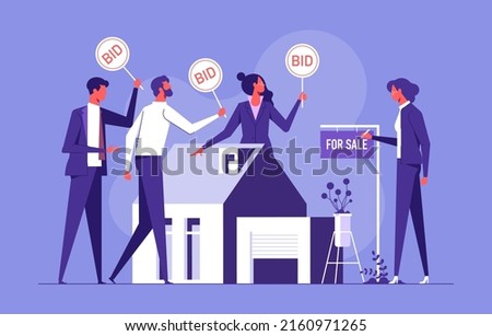 House for sale. Auction, group of various people holds bid signs. Best price offer, balance of supply and demand. Real estate deal