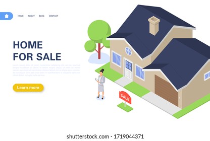 House for sale banner concept. Real estate purchase and rental. Vector isometric illustration.