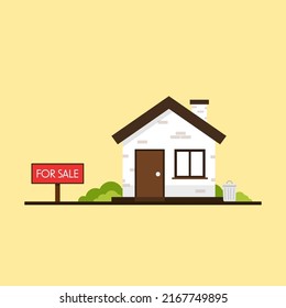 House for sale cartoon vector. The house and sign in the foreground with the information. Vector illustration in flat style.