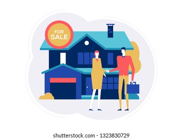 House for sale - colorful flat design style illustration on white background. Bright composition with a woman, homebuyer meeting a real estate agent, image of a nice cottage, building