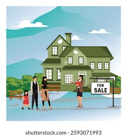 House for Sale Concept. Couple Buying Home. Investment in Building. Representative Real Estate Agency. Flat vector modern illustration 