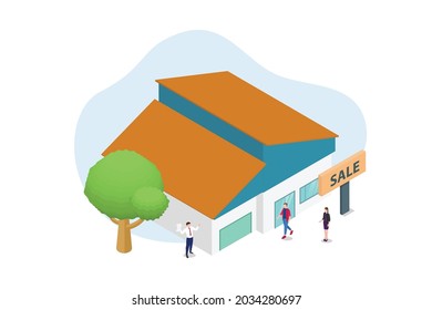 house sale concept with people and home buildings and banner sign with modern isometric style