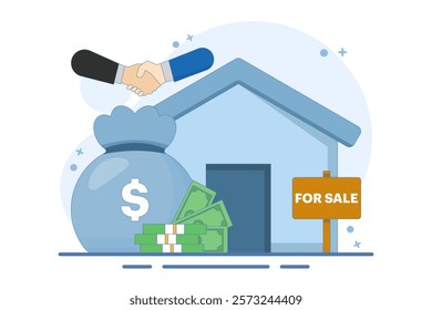 House for sale concept. Real estate business with houses. Small real estate agent or broker shaking hands with person who buys house. Modern flat cartoon style. Vector illustration on background.