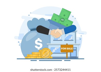 House for sale concept. Real estate business with houses. Small real estate agent or broker shaking hands with person who buys house. Modern flat cartoon style. Vector illustration on background.