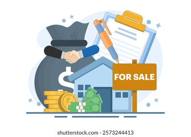 House for sale concept. Real estate business with houses. Small real estate agent or broker shaking hands with person who buys house. Modern flat cartoon style. Vector illustration on background.