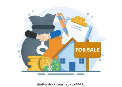 House for sale concept. Real estate business with houses. Small real estate agent or broker shaking hands with person who buys house. Modern flat cartoon style. Vector illustration on background.