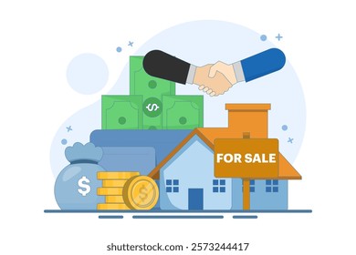 House for sale concept. Real estate business with houses. Small real estate agent or broker shaking hands with person who buys house. Modern flat cartoon style. Vector illustration on background.