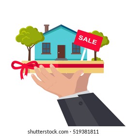 House sale concept vector. Flat design. Hands holding salver with house building, trees and rent sign on it. Illustration for real estate company advertising, housing concepts. Isolated on white.