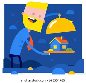 House sale concept vector. Flat design. Businessman Hands holding salver with house building, trees and rent sign on it. Illustration for real estate company advertising, housing concepts.